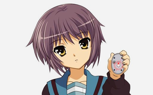Yuki Nagato holding a mouse in mid-air.